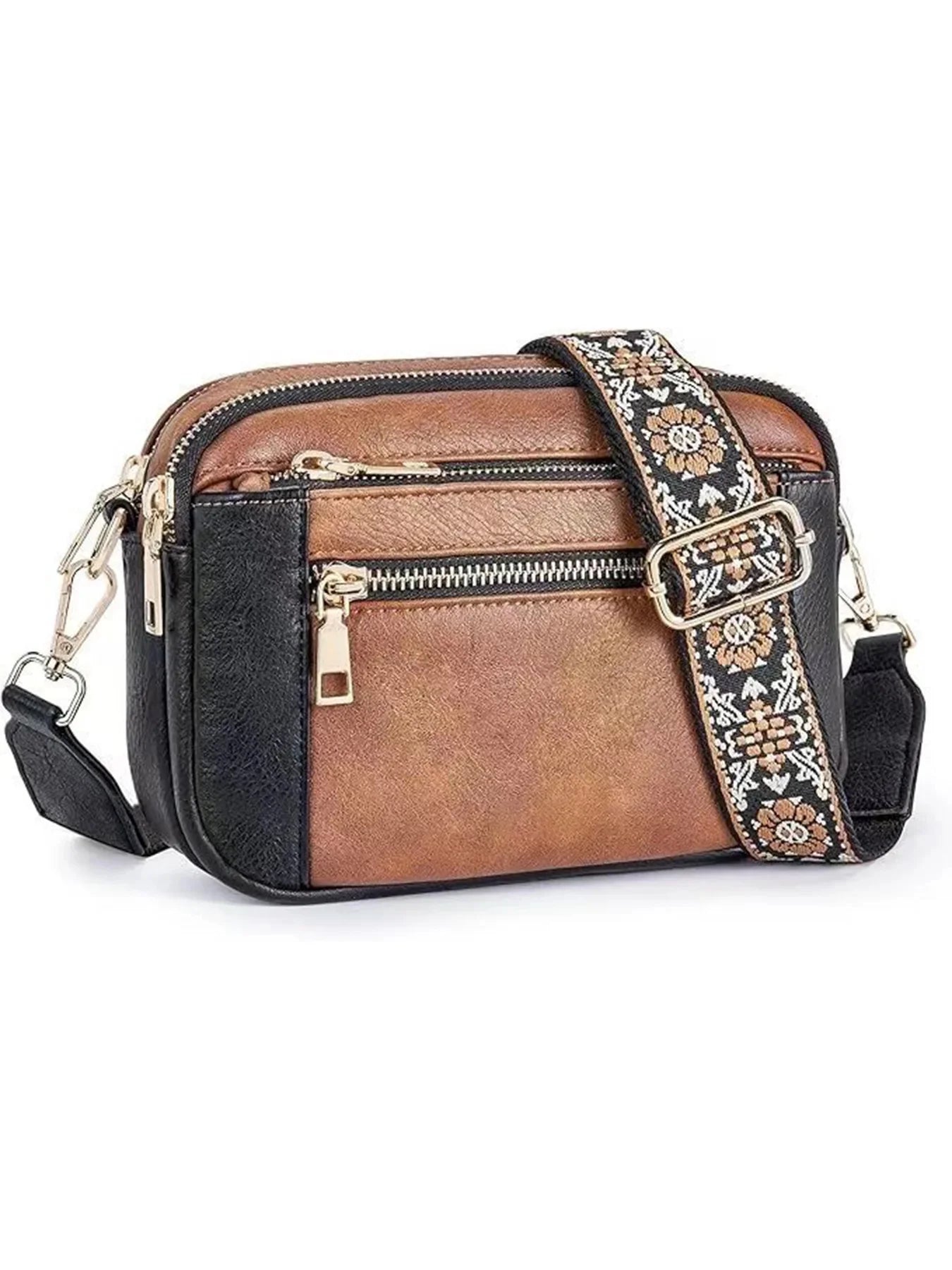 Bolso bandolera multifuncional con cremallera y bloques de colores, de piel sintética, tipo cartera de un solo hombro, con correa ajustable para el hombro.