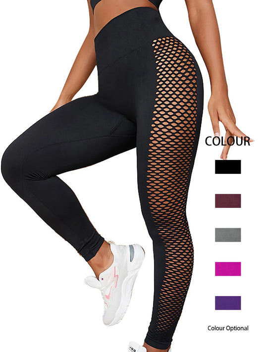 Leggings deportivas para mujer, de color sólido, con laterales calados, elásticas, de talle alto, efecto push-up, para yoga, gimnasio y fitness, pantalones ajustados.