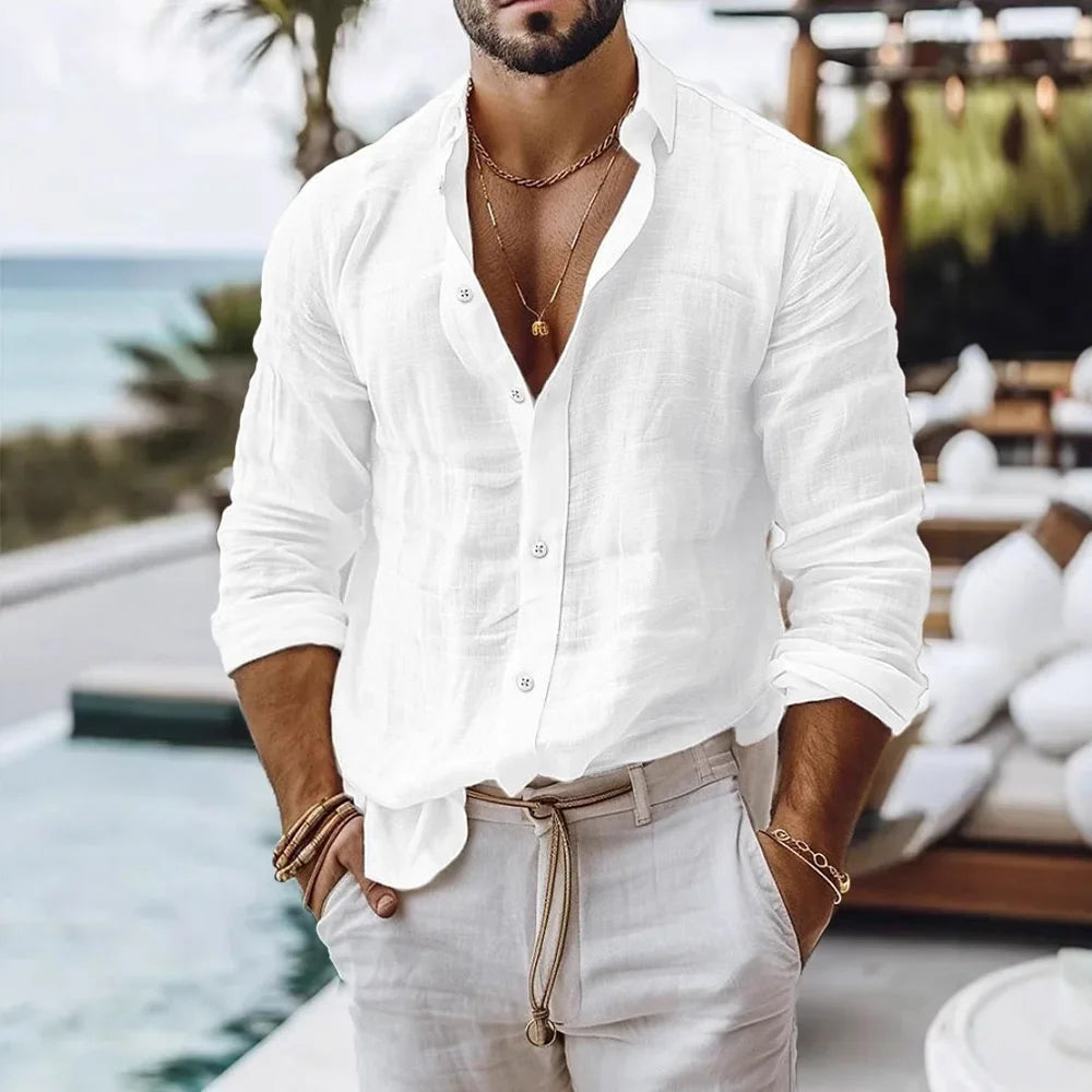 Camisa de lino y algodón para hombre, estilo playero veraniego, color liso, un solo botón, transpirable, ligera y elegante.