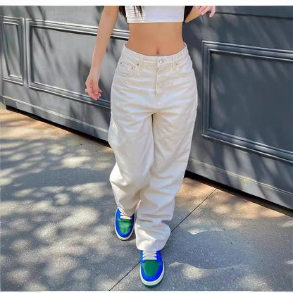 Pantalones vaqueros de mujer de longitud completa, de mezclilla desgastada lisa, rectos, con bolsillos, holgados, informales, de cintura media, básicos, con cremallera y cierre de cremallera, lavado plano