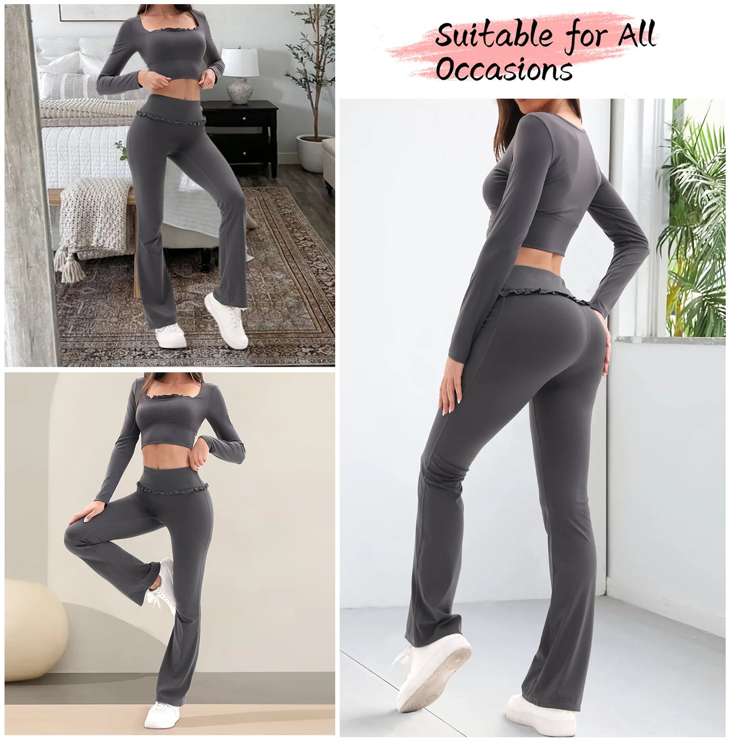 Conjunto de Yoga de 2 Piezas con Volantes para Mujer, Cintura Alta, Control de Abdomen, Pantalones Acampanados, Top de Manga Larga, Ropa Deportiva para Gimnasio, Correr, Clásico, Gris Oscuro