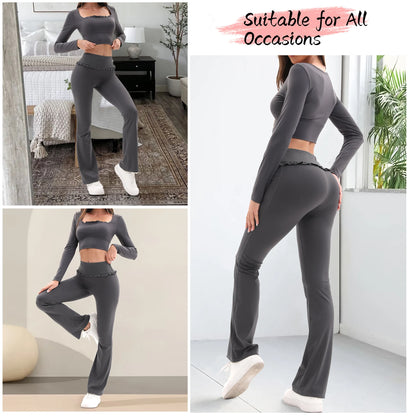 Conjunto de Yoga de 2 Piezas con Volantes para Mujer, Cintura Alta, Control de Abdomen, Pantalones Acampanados, Top de Manga Larga, Ropa Deportiva para Gimnasio, Correr, Clásico, Gris Oscuro