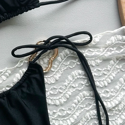 Conjunto de bikini de talle alto para mujer, sexy, con cuello halter, tanga ajustable, traje de baño de color liso con anillo dorado para playa, piscina y fiesta.