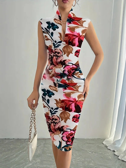 Vestido elegante de verano para mujer, de color puro, plisado, adelgazante, con escote en V, sin mangas, de China.