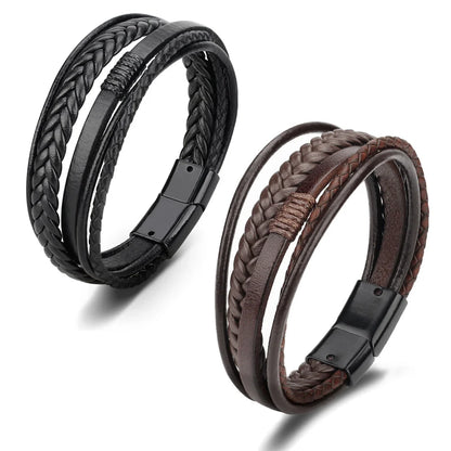 Pulseras de cuero de moda para hombre, pulseras de cuerda trenzada multicapa de acero inoxidable para hombre, pulseras de joyería para hombre.