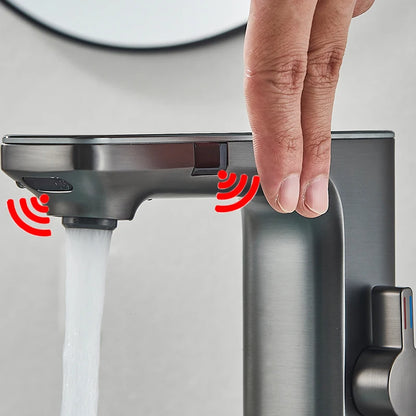 Grifo de lavabo inteligente con sensor, color gris plomo, pantalla digital, mezclador de agua fría y caliente, grifo sin contacto para lavabo de baño