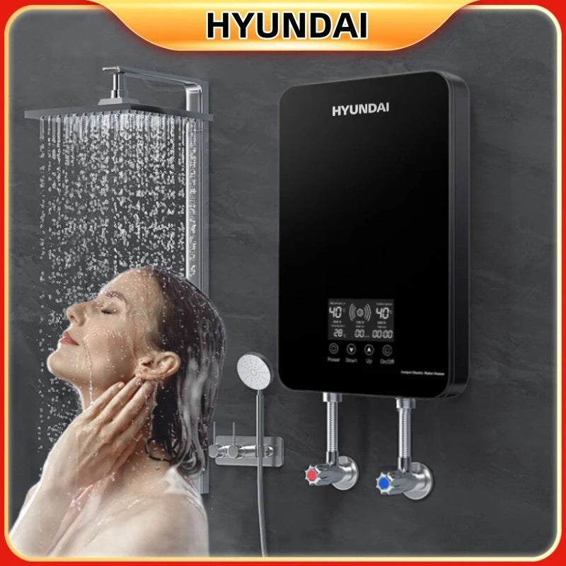 Calentador de agua eléctrico pequeño HYUNDAI con calentamiento rápido e instantáneo, temperatura constante inteligente y pantalla en inglés para ducha o baño.