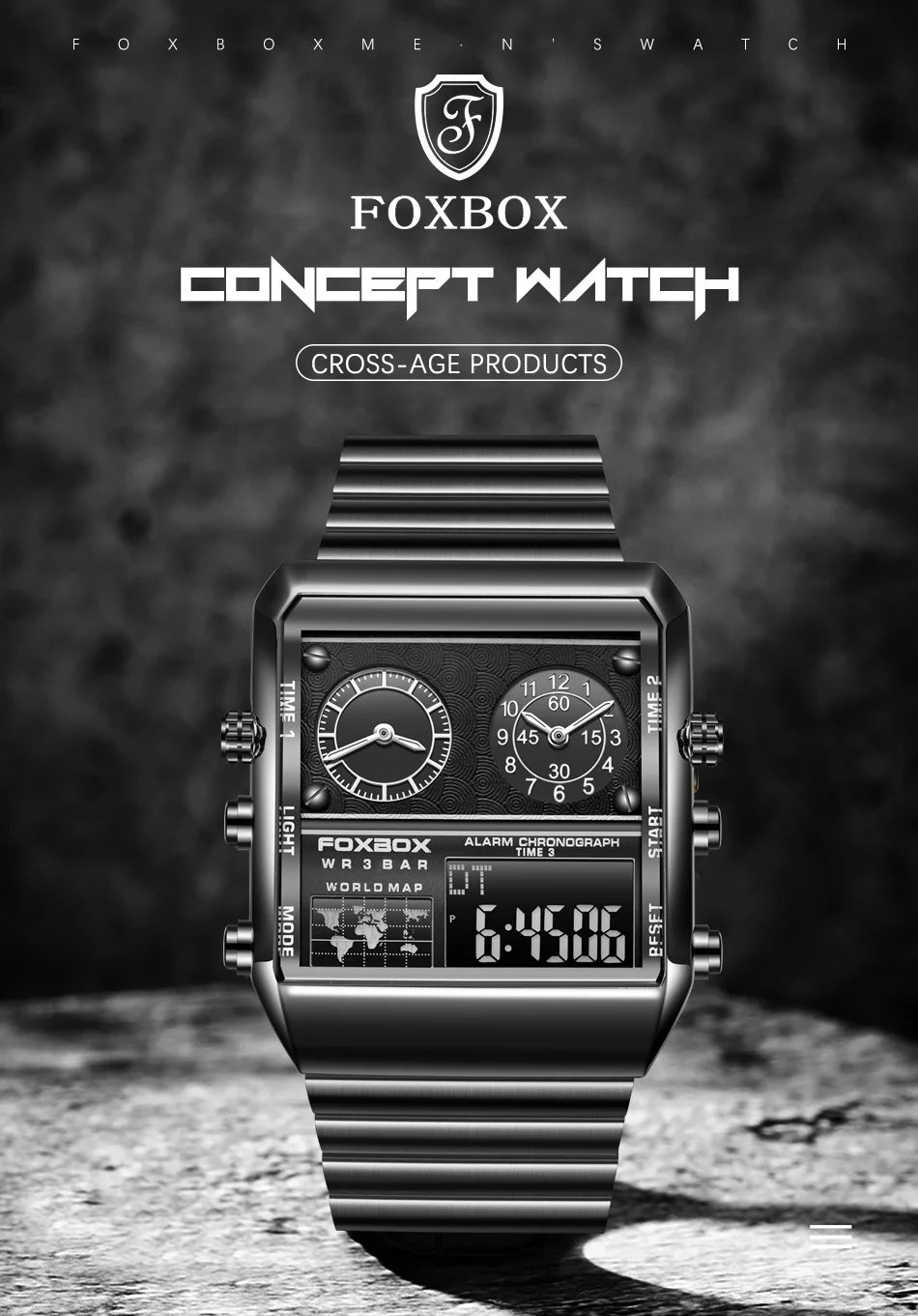 LIGE - Nuevo reloj para hombre, cuadrado, luminoso, deportivo, correa de acero inoxidable, doble pantalla, reloj de pulsera de cuarzo, reloj militar resistente al agua