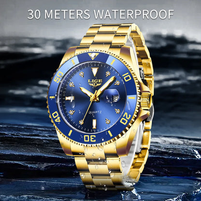 Relojes de moda LIGE para hombre, de lujo, luminosos, con calendario, para negocios, resistentes al agua, cronógrafo, de acero inoxidable, de cuarzo.