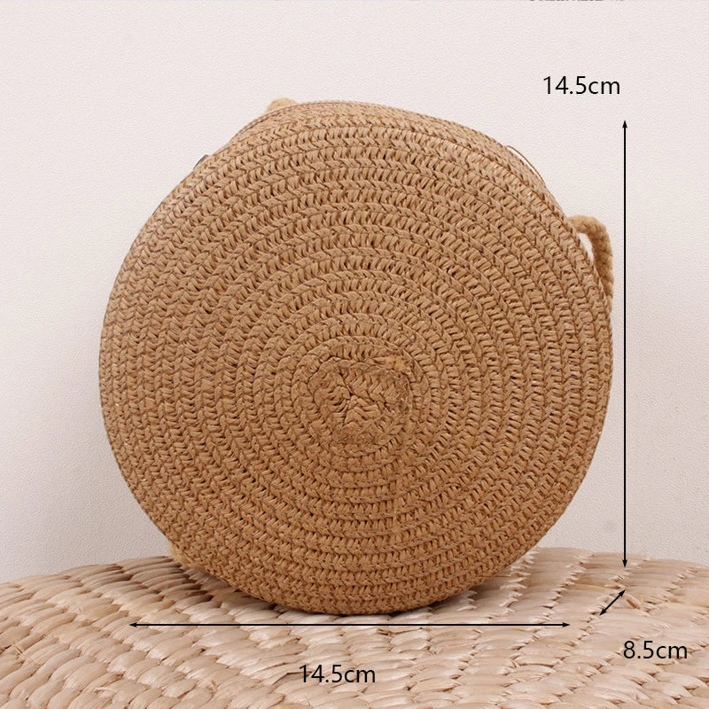 Bolso redondo de paja para mujer, tejido a mano, tipo bandolera, para playa, bonito bolso de mano pequeño de ratán tejido a mano, de color caramelo