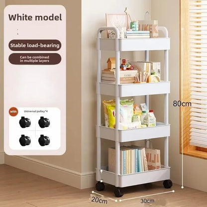 Carrito de almacenamiento multifuncional blanco con ruedas 2025: estantes abiertos para sala de estar y exhibición de libros, ideal para cocina y dormitorio.