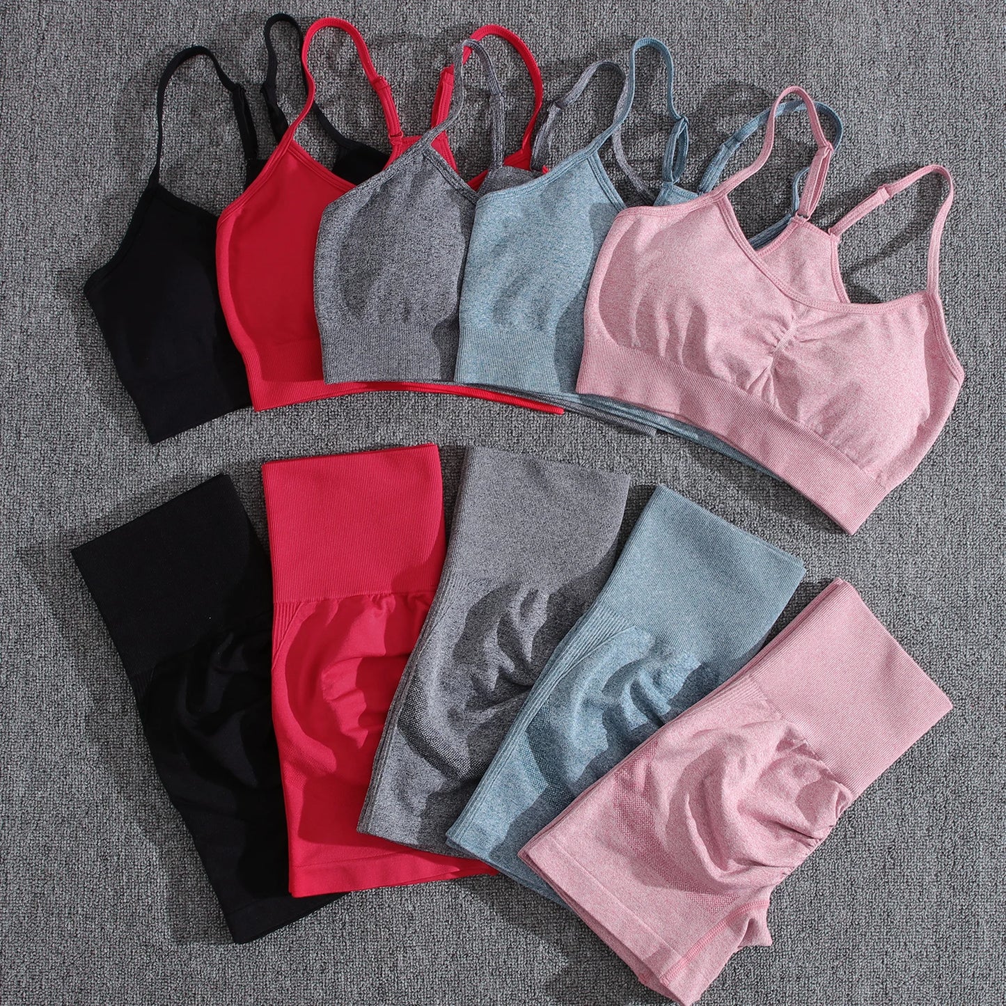Conjuntos de dos piezas para mujer, pantalones cortos color melocotón, chándal femenino, conjunto de gimnasio, pantalones cortos de fitness con cuello halter, sujetador push up de verano