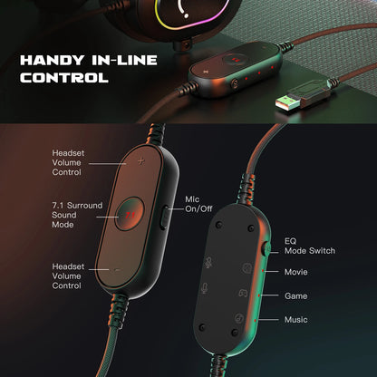 Auriculares para juegos Fifine Dynamic RGB con micrófono, supraaurales, sonido envolvente 7.1 para PC, PS4 y PS5, 3 opciones de ecualización, para juegos, películas y música.