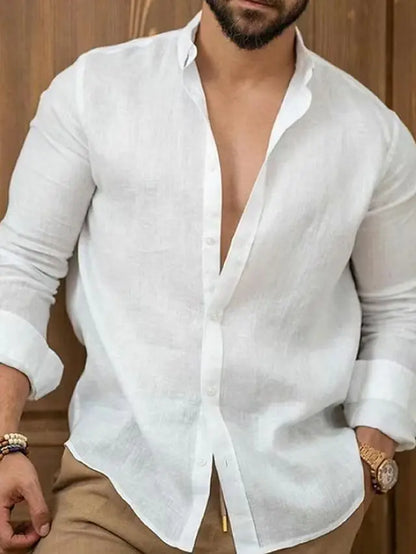 Camisa lisa de lino y algodón de color liso para hombre, camisa clásica de manga larga con solapa y botones, holgada, a la moda para primavera y verano