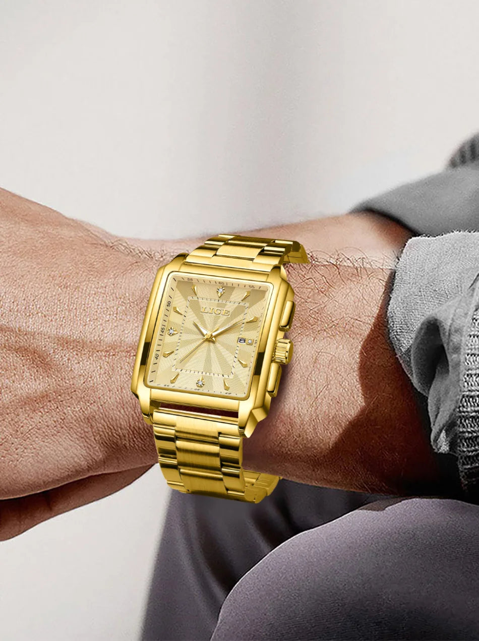 LIGE - Reloj de negocios de moda para hombre, cuadrado, deportivo, resistente al agua, marca superior, de lujo, militar, de cuarzo, cronógrafo de pulsera