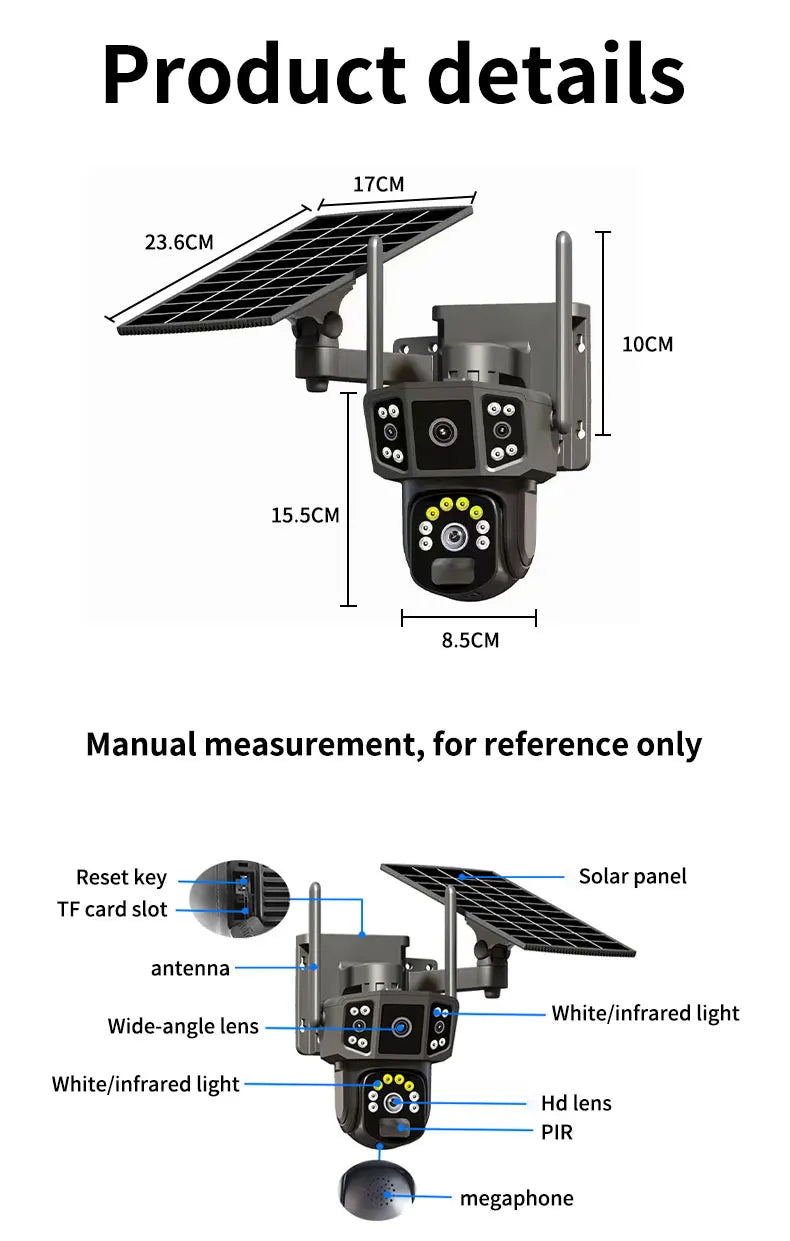 Cámara de seguridad inalámbrica 6K de 12 MP con movimiento horizontal y vertical; cámara IP WiFi para exteriores de 5 MP con SIM 4G, alimentación solar/batería; cámaras de vigilancia PT de 3 MP.