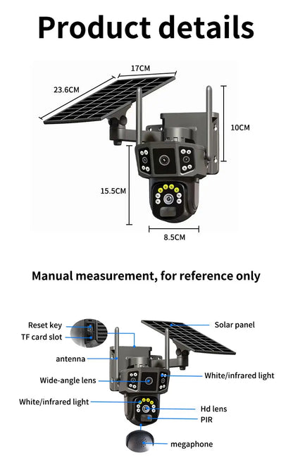 Cámara de seguridad inalámbrica 6K de 12 MP con movimiento horizontal y vertical; cámara IP WiFi para exteriores de 5 MP con SIM 4G, alimentación solar/batería; cámaras de vigilancia PT de 3 MP.