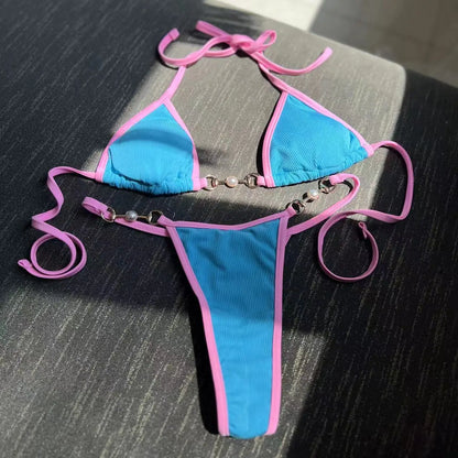 Bikini sexy acanalado, microbikini, novedad de 2023, bañador de cadena para mujer, traje de baño brasileño, bikini blanco y naranja.