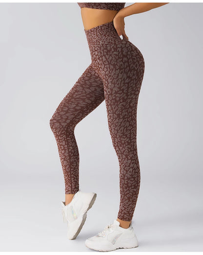 Pantalones de yoga con estampado de leopardo sin costuras para mujer, con realce de cadera y cintura alta, con alta elasticidad.