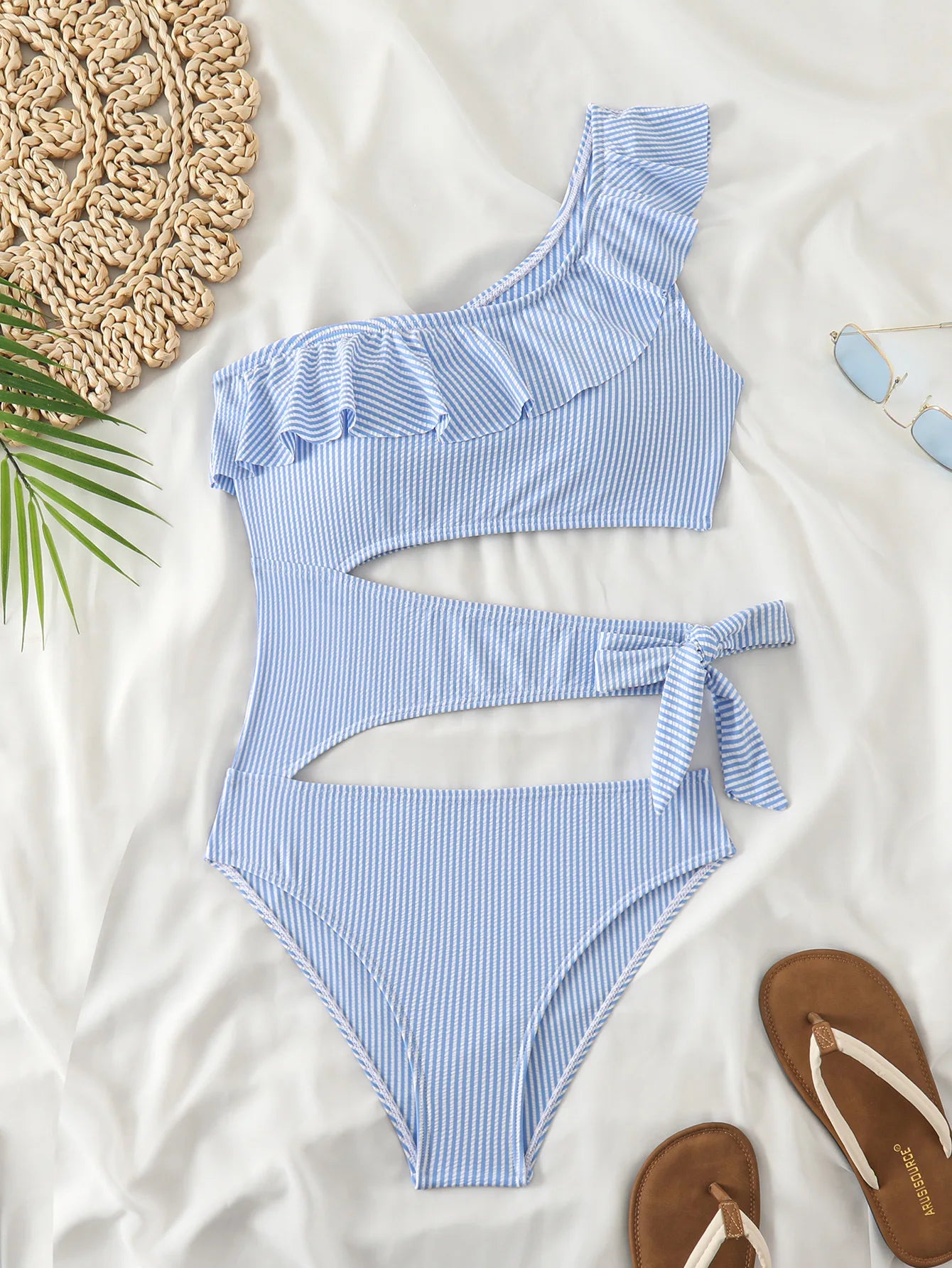 VigoBeviya 2025 Women Ruffle One-shoulder Swimwear Hollow Push Up One Piece Swimsuit Sexy Lady Monokini Blue Beach Bathing Suit