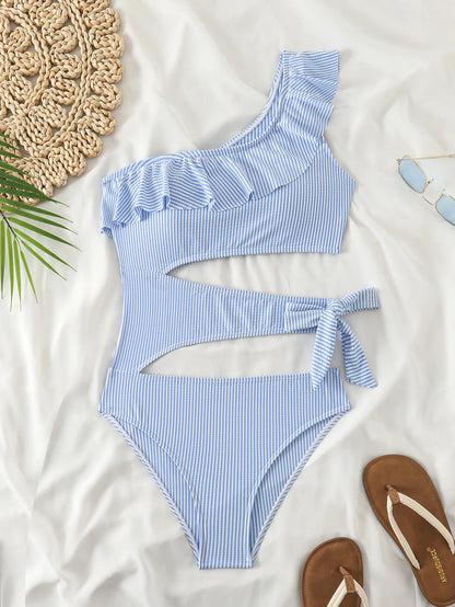 VigoBeviya 2025 Women Ruffle One-shoulder Swimwear Hollow Push Up One Piece Swimsuit Sexy Lady Monokini Blue Beach Bathing Suit