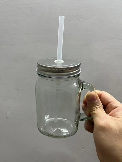 Jarra de vidrio de 480 ml, 500 ml y 16 oz con tapa de hierro y pajita de plástico, cuadrada, con degradado de color.