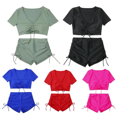 2Pcs/Set Swimsuit for Women Bikini Set V-Neck Short Sleeve Tops High Waist Drawstring Swimming Trunks Quick Drying Swimsuit