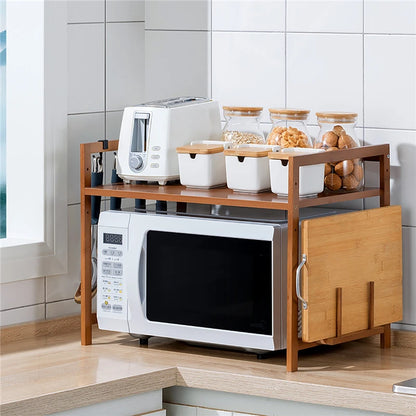 Estante de almacenamiento para horno microondas de cocina, 1 capa de bambú, ajustable, organizador de encimeras, gancho para colgar, soporte para tabla de cortar