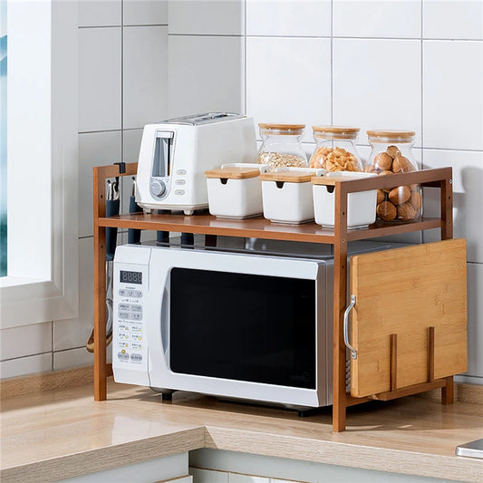 Estante de almacenamiento para horno microondas de cocina, 1 capa de bambú, ajustable, organizador de encimeras, gancho para colgar, soporte para tabla de cortar