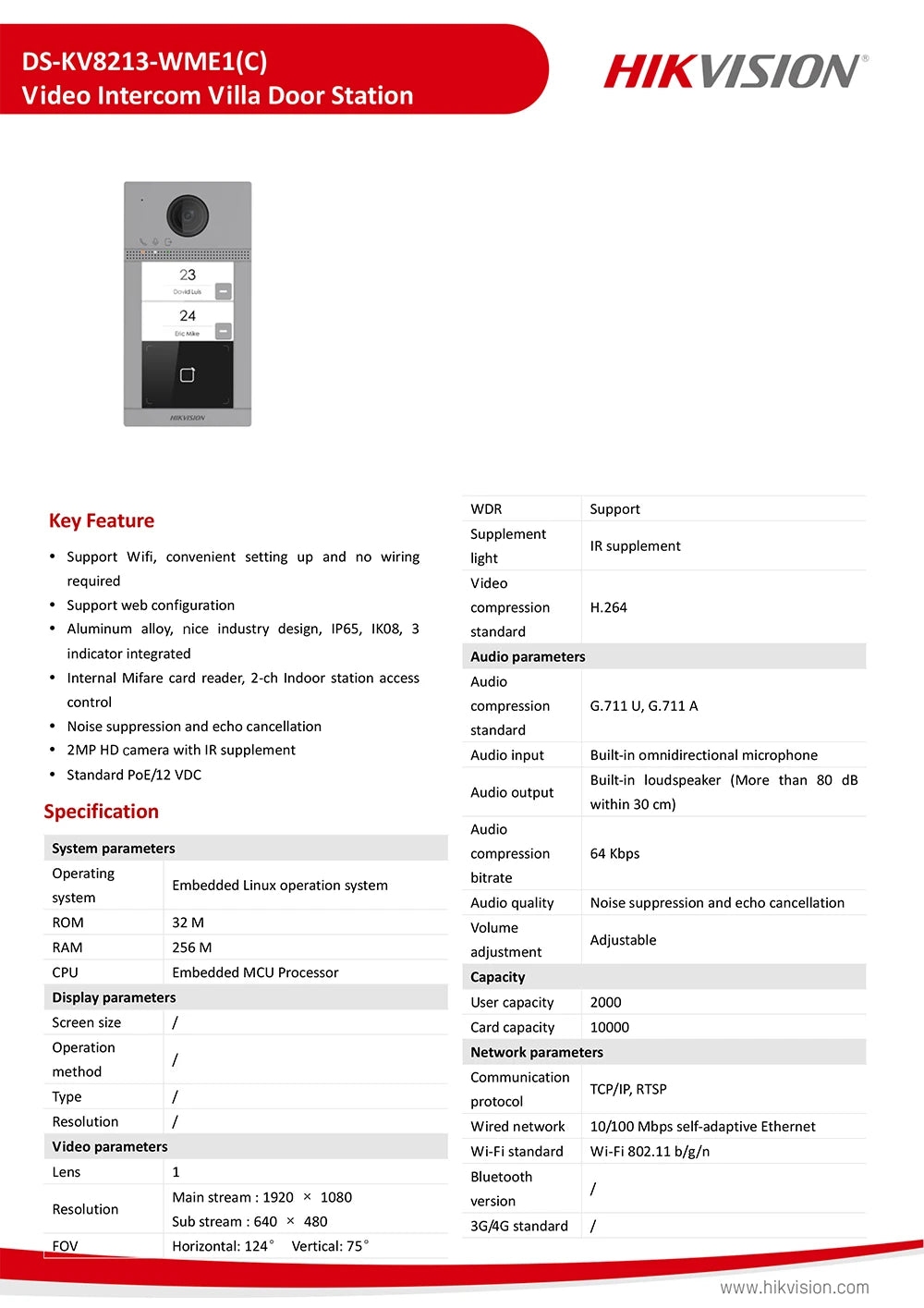 Videoportero IP inalámbrico Hikvision, estación de puerta para villa, timbre con Wi-Fi y PoE, IP67 IK08 DS-KV8413-WME1 DS-KV8113-WME1, apertura de puerta