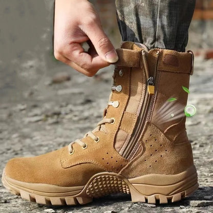 Botas impermeables de piel de vacuno para hombre, ideales para senderismo, escalada y actividades al aire libre en verano. Resistentes al desgaste, antideslizantes y con cremallera lateral. Diseño moderno con cordones.