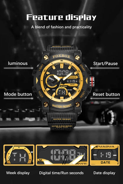FOXBOX TOP Relojes para hombre, reloj de pulsera de cuarzo, resistente al agua, con pantalla de doble horario, reloj militar para hombre, reloj para hombre + CAJA