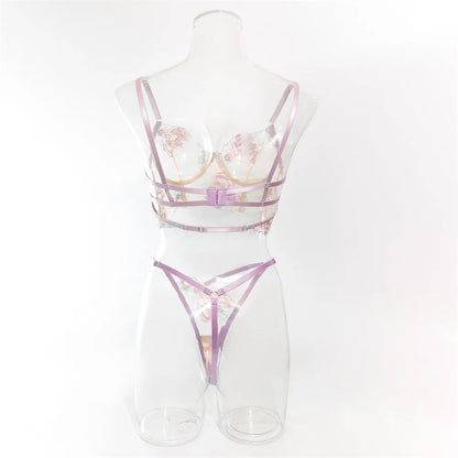 Conjuntos de lencería sexy con bordado floral para mujer, conjunto de sujetador y tanga de encaje transparente, conjuntos sensuales y delicados, ropa de juego para parejas