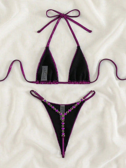 XS - L Sexy Diamond Mini Tanga Halter Bikini Mujer Traje de baño Traje de baño femenino Conjunto de bikini de dos piezas Traje de baño Nadar