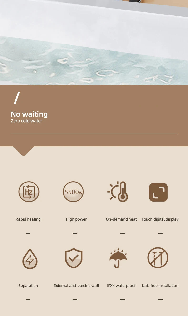 Calentador de agua instantáneo inteligente de pared con ducha eléctrica sin tanque y calentamiento rápido. Termostato para baño y cocina. 110V/220V