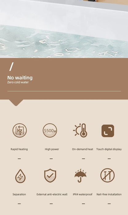 Calentador de agua instantáneo inteligente de pared con ducha eléctrica sin tanque y calentamiento rápido. Termostato para baño y cocina. 110V/220V