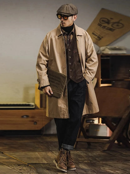 Retro American Sle Men's Long Coat Cotton Casual Faion Urban Youth Pure Color Button up Loose Fit Autumn Winter Coat