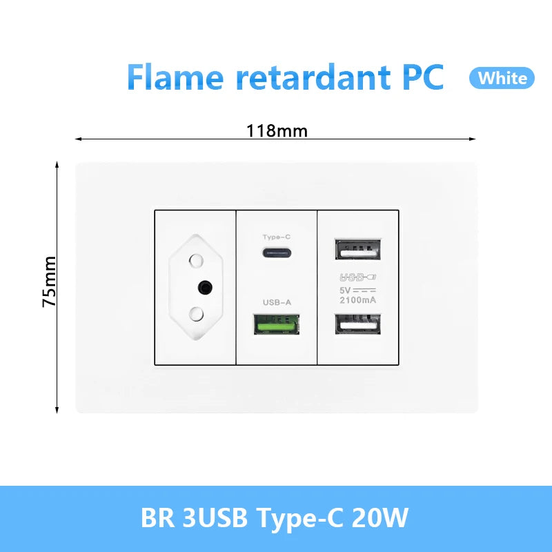 Enchufe de pared USB inteligente tipo C de 20 W con carga rápida para Italia, Chile y México; panel de interruptor de luz eléctrico de Brasil con toma USB-C universal.