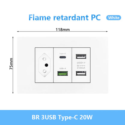 Enchufe de pared USB inteligente tipo C de 20 W con carga rápida para Italia, Chile y México; panel de interruptor de luz eléctrico de Brasil con toma USB-C universal.