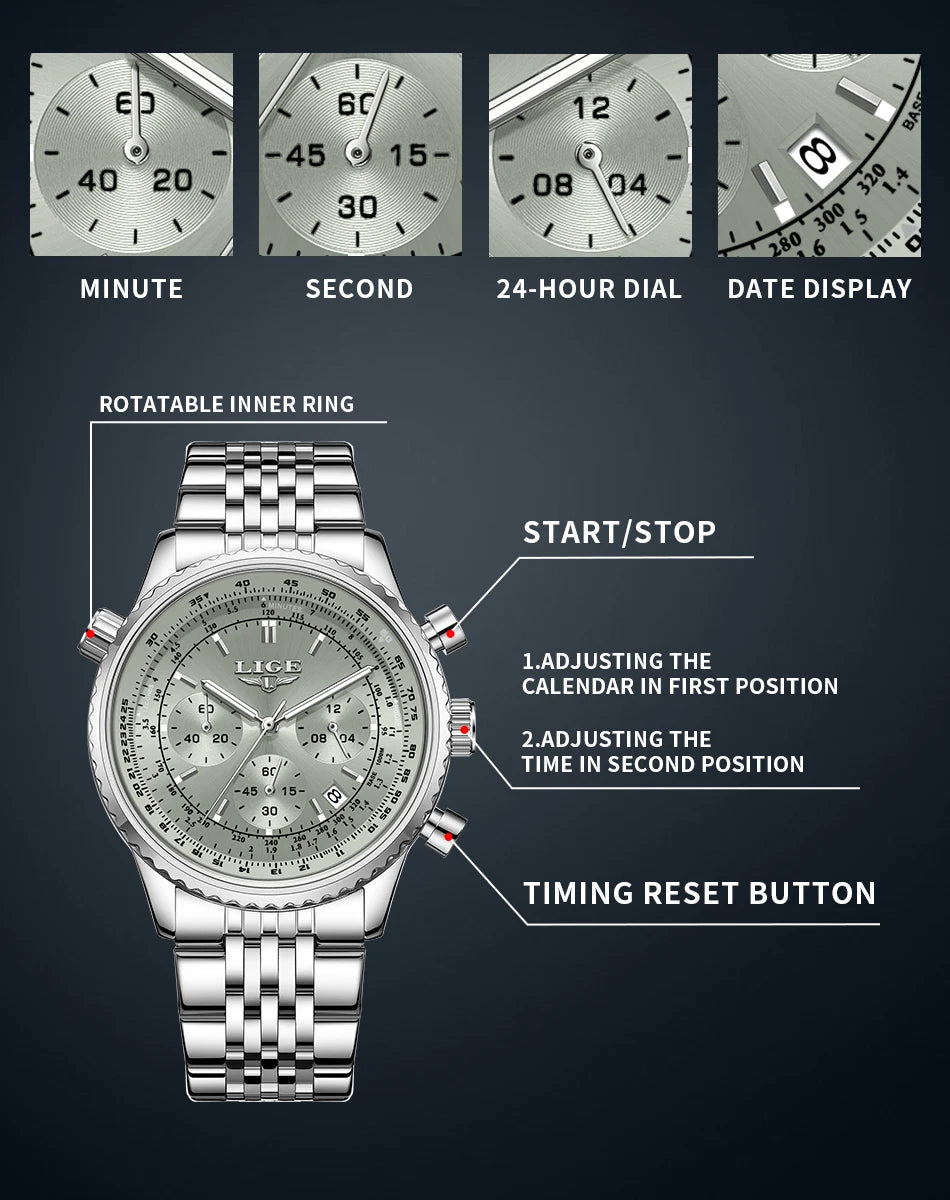 Relojes de lujo LIGE para hombre, cronógrafo con fecha, acero inoxidable, resistente al agua, luminoso, deportivo, militar, de cuarzo