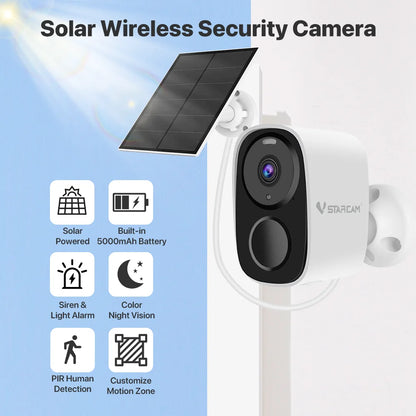Cámaras de seguridad solares Vstarcam 2K inalámbricas para exteriores con batería, alarma de movimiento PIR, almacenamiento en la nube y audio bidireccional.