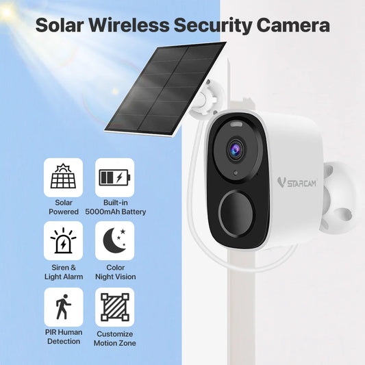 Cámaras de seguridad solares Vstarcam 2K inalámbricas para exteriores con batería, alarma de movimiento PIR, almacenamiento en la nube y audio bidireccional.