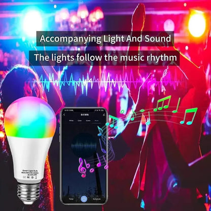Bombilla LED inteligente Tuya E27 con control por aplicación, luz regulable, Bluetooth, RGB, 220 V, para decoración de dormitorio, fiestas, iluminación inteligente