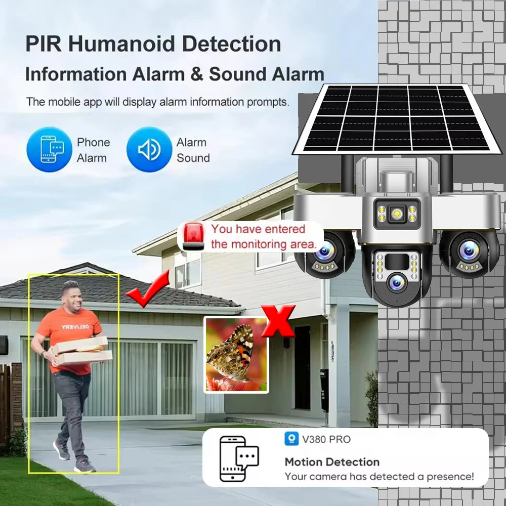 Cámara solar 4G con 3 PTZ, rotación automática, seguridad inteligente para exteriores, protección del hogar, detección humana PIR, seguimiento automático, cámaras de videovigilancia IP.
