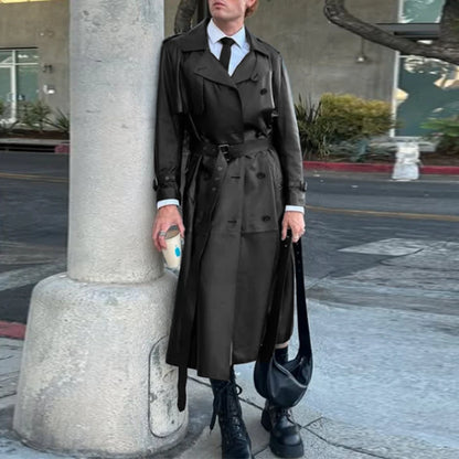 Abrigo INCERUN para hombre, de piel sintética lisa, con solapa, manga larga, estilo gabardina informal, estilo punk urbano, cortavientos.