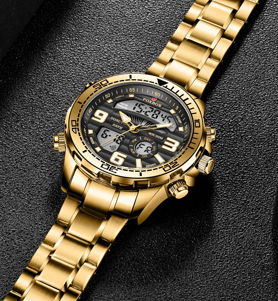Relojes digitales Foxbox para hombre, reloj de pulsera deportivo de cuarzo de lujo superior, reloj de pulsera de acero militar resistente al agua, reloj de pulsera de cuarzo, reloj para hombre