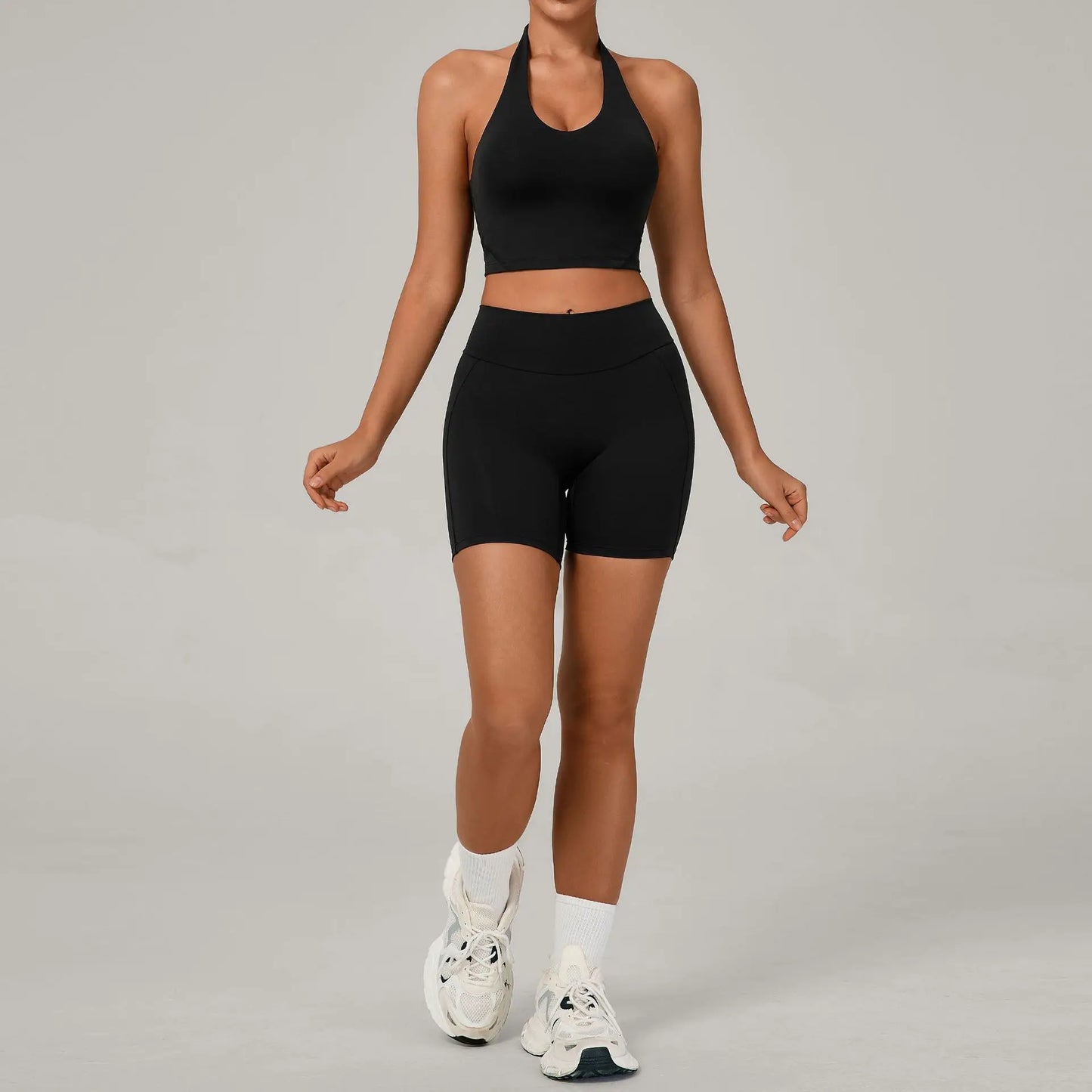 Ctenkevet - Conjunto de 2 piezas de sujetador halter sin espalda para mujer, ropa deportiva de secado rápido para gimnasio, conjunto deportivo femenino de dos piezas con pantalones cortos