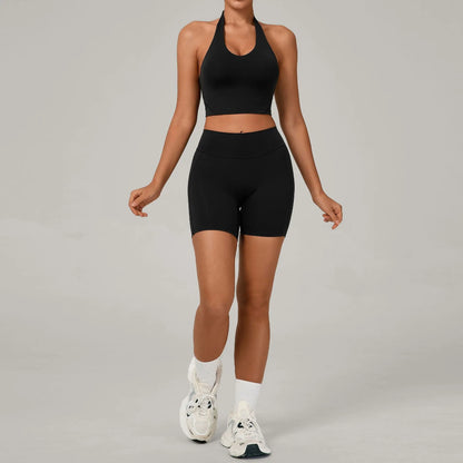 Ctenkevet - Conjunto de 2 piezas de sujetador halter sin espalda para mujer, ropa deportiva de secado rápido para gimnasio, conjunto deportivo femenino de dos piezas con pantalones cortos