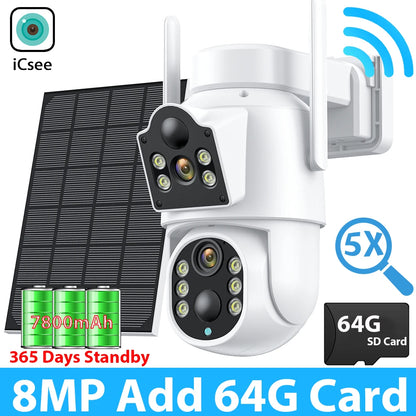 Cámara de seguridad exterior inalámbrica ICSEE de 8 MP, 4K, Wi-Fi, doble lente, 8MP, 4K, solar, con batería de 7800 mAh y 365 días de autonomía en espera.
