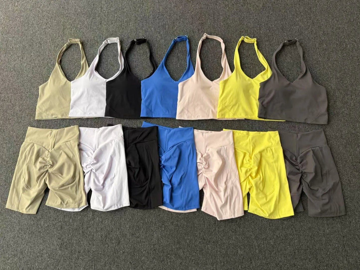Ctenkevet - Conjunto de 2 piezas de sujetador halter sin espalda para mujer, ropa deportiva de secado rápido para gimnasio, conjunto deportivo femenino de dos piezas con pantalones cortos